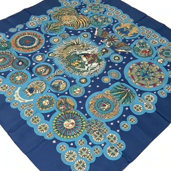 Auth HERMES Carre 90 - Dark Navy Blue Multi Scarf - Picture 1 of 3